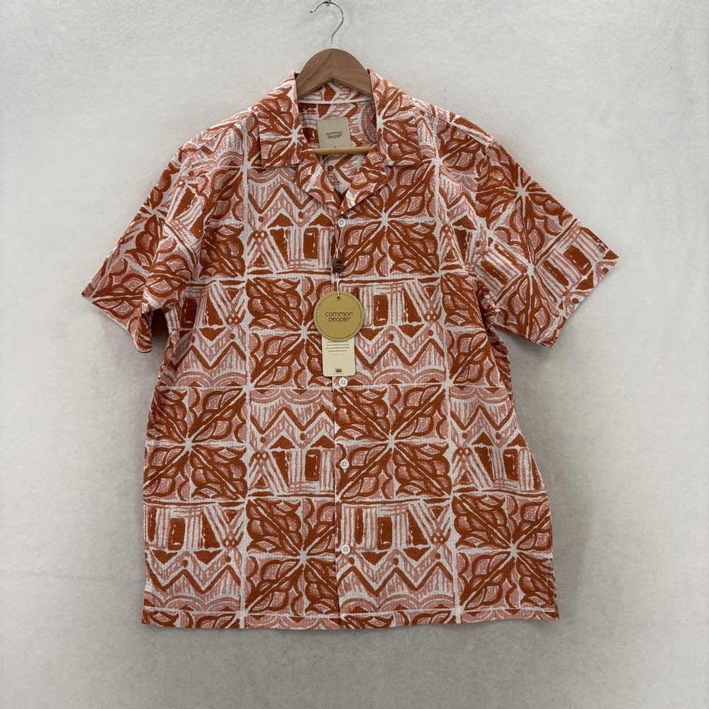 Common People Mezzo Seersucker Shirt Mens M Orange Short Sleeve Button Up NWT
